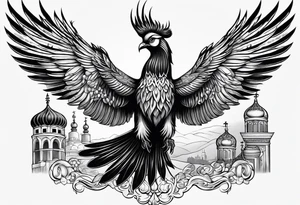 russian firebird in-flight with long fancy tail and 3 small onion cap monastery towers in background, with "Isaiah 43: 18-19" tattoo idea