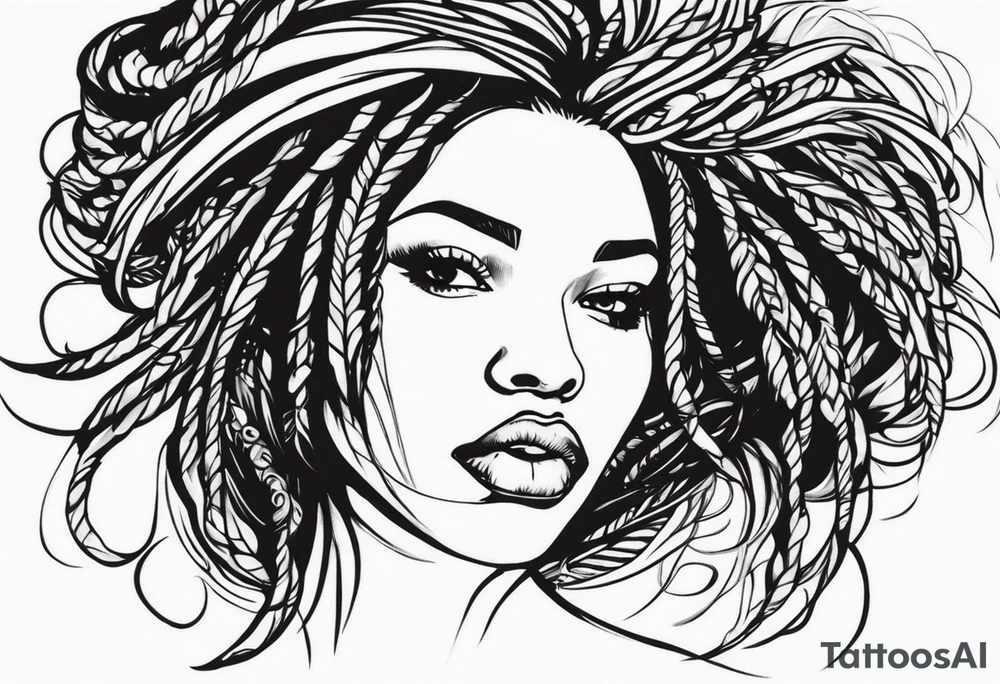 Draw a women head with dread locks flying in the air tattoo idea