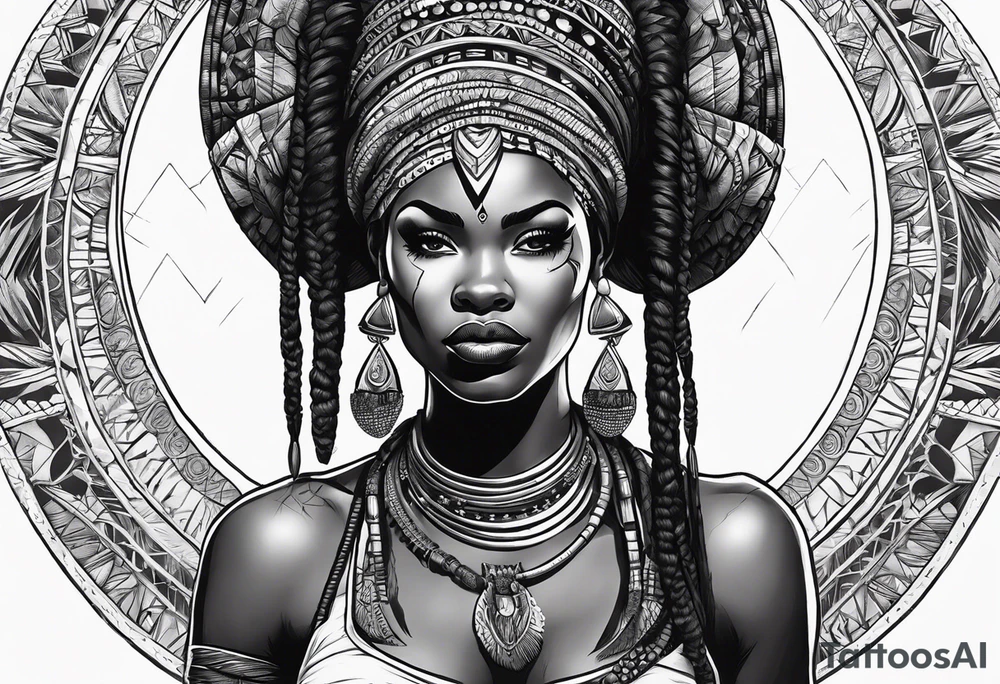 African woman warrior holding spear with deadlocks and earrings. tattoo idea