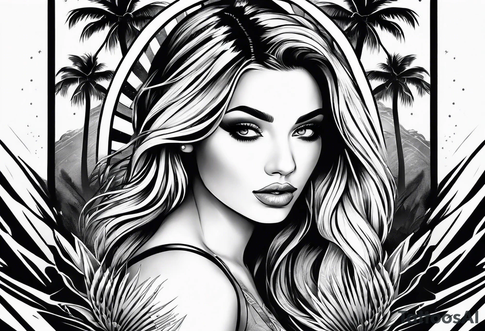 women's sleeve with palm trees tattoo idea