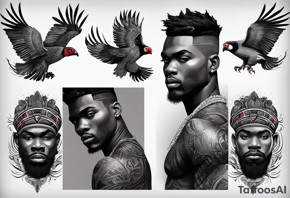 homem divindade africano realista em preto e cinza com os olhos vermelhos. Fundo da imagem com tons vermelhos. Usando na mão um falo de madeira com cabaças penduradas. tattoo idea