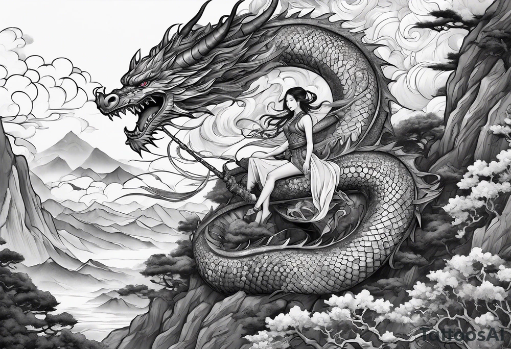 beautiful warrior nymph riding a dragon and the background will be mountains, clouds, and a Japanese building tattoo idea