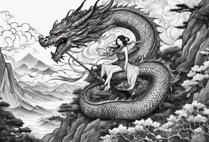 beautiful warrior nymph riding a dragon and the background will be mountains, clouds, and a Japanese building tattoo idea