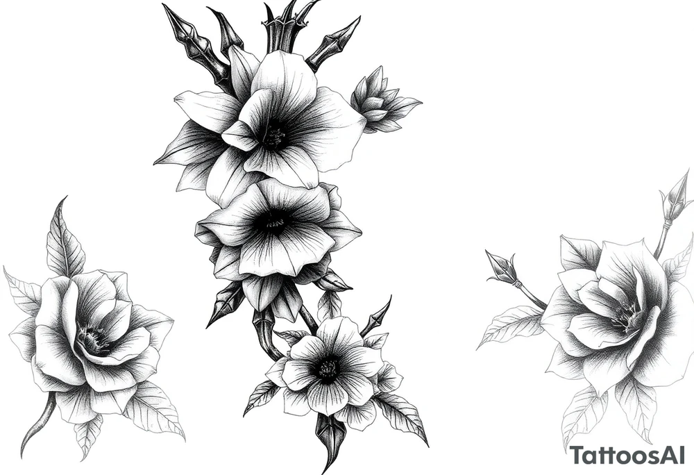 Aconitum flower going up the arm with details gothic style with skulls thorns tribal large more flowers and shading wrapping around tattoo idea
