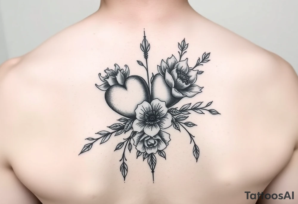 goth hearts and bleeding heart flowers and filigree with long lines tattoo idea