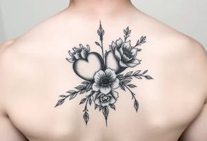 goth hearts and bleeding heart flowers and filigree with long lines tattoo idea