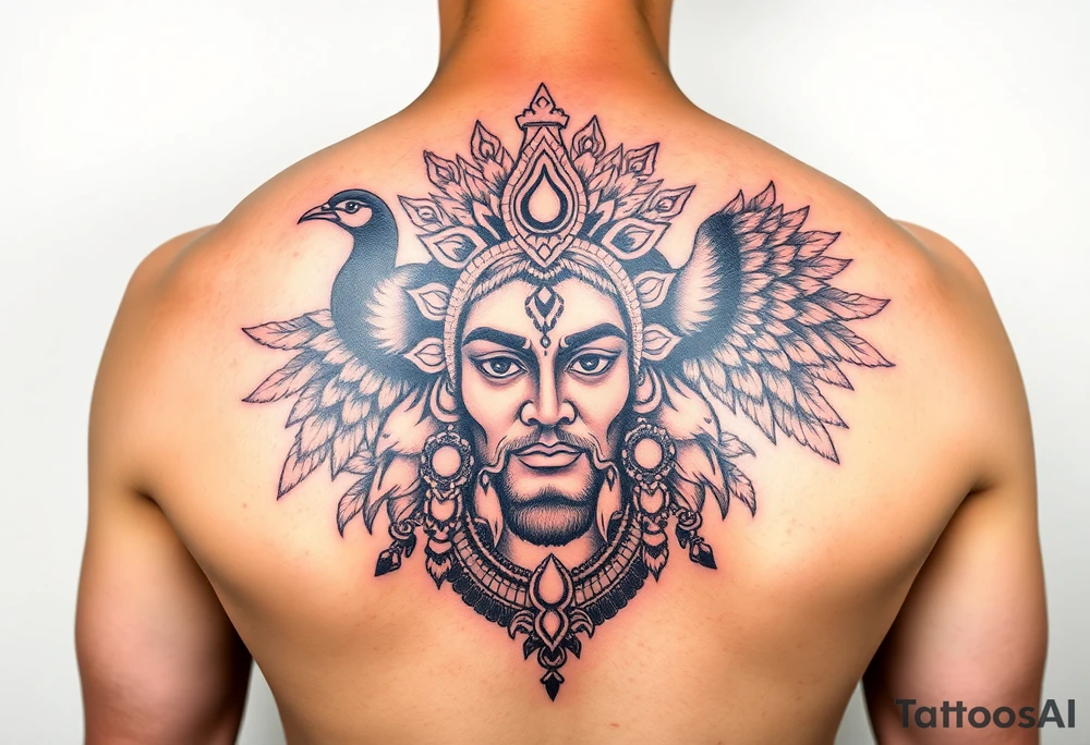 hindu god lord murugan tattoo with face and peacock surrounding it tattoo idea