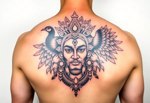 hindu god lord murugan tattoo with face and peacock surrounding it tattoo idea