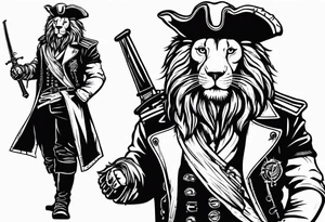 Pirate lion wearing jacket, sword and pistol, nautical steampunk theme. dreadlocks. pirate vessel tattoo idea