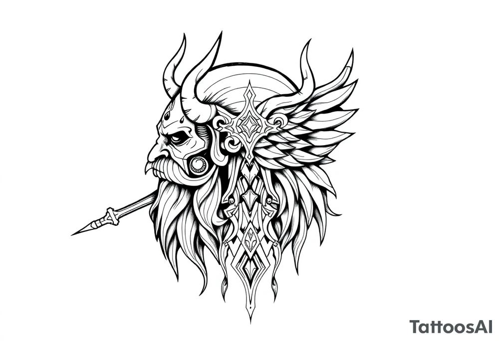 long shaman style mytical bold line with viking rhyme tattoo idea