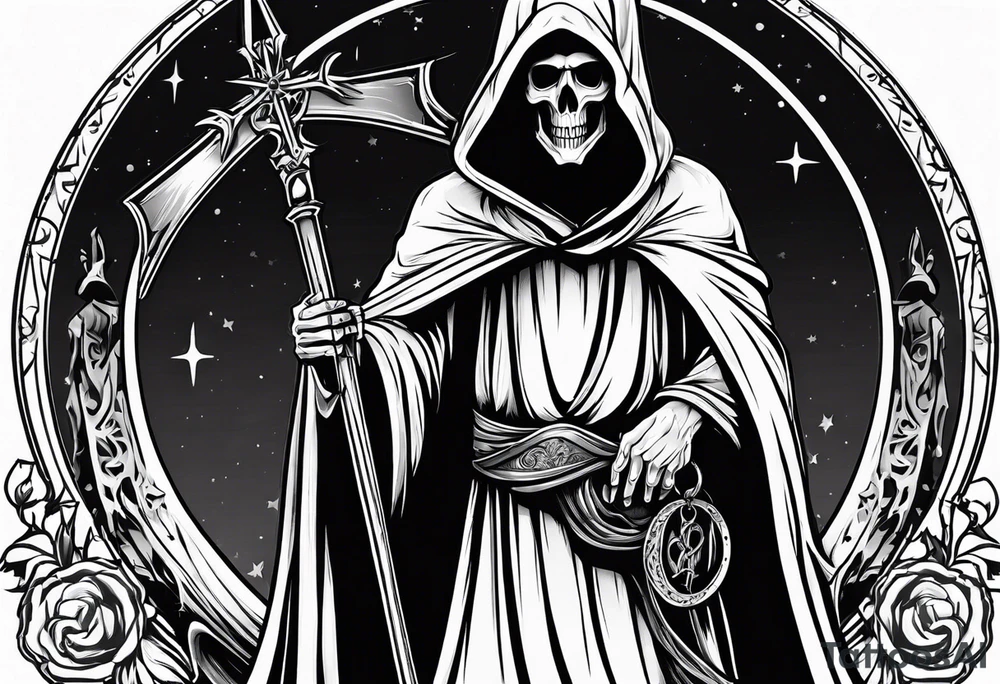 full body grim reaper with his hood off and a halo above his head tattoo idea