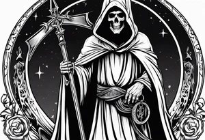 full body grim reaper with his hood off and a halo above his head tattoo idea
