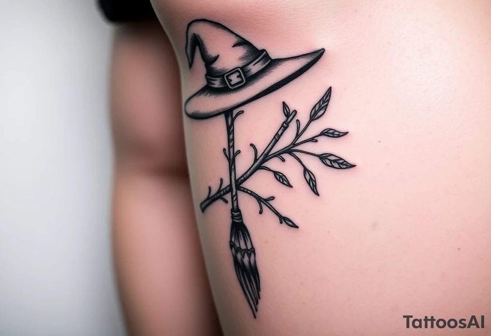 Which is broom with a witches hat with vines and feathers on your leg tattoo idea