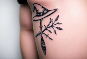 Which is broom with a witches hat with vines and feathers on your leg tattoo idea