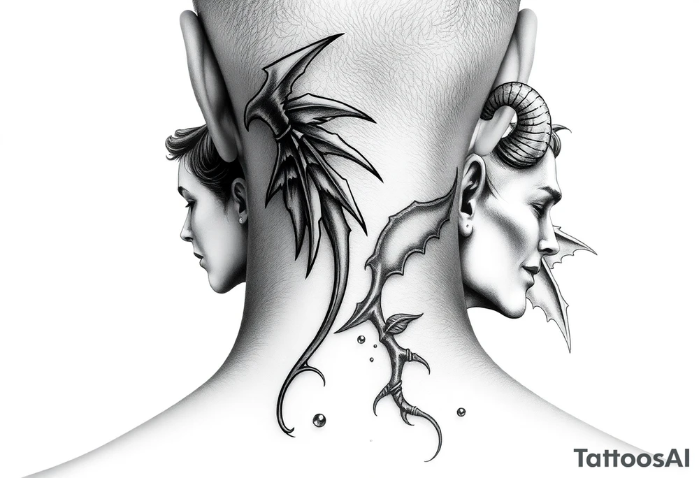position behind the neck Angel (on the right) whispering in the right ear, demon (on the left) whispering in the left ear. It must be as realistic as possible. tattoo idea