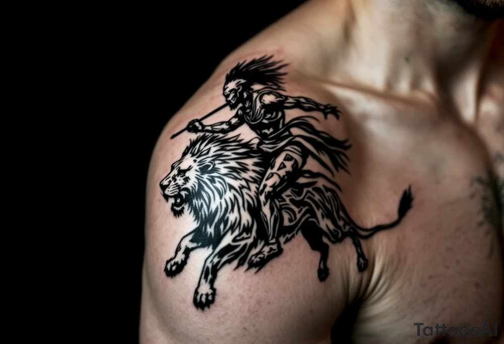 African tribal warrior riding on top of lion into battle tattoo idea