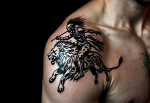 African tribal warrior riding on top of lion into battle tattoo idea