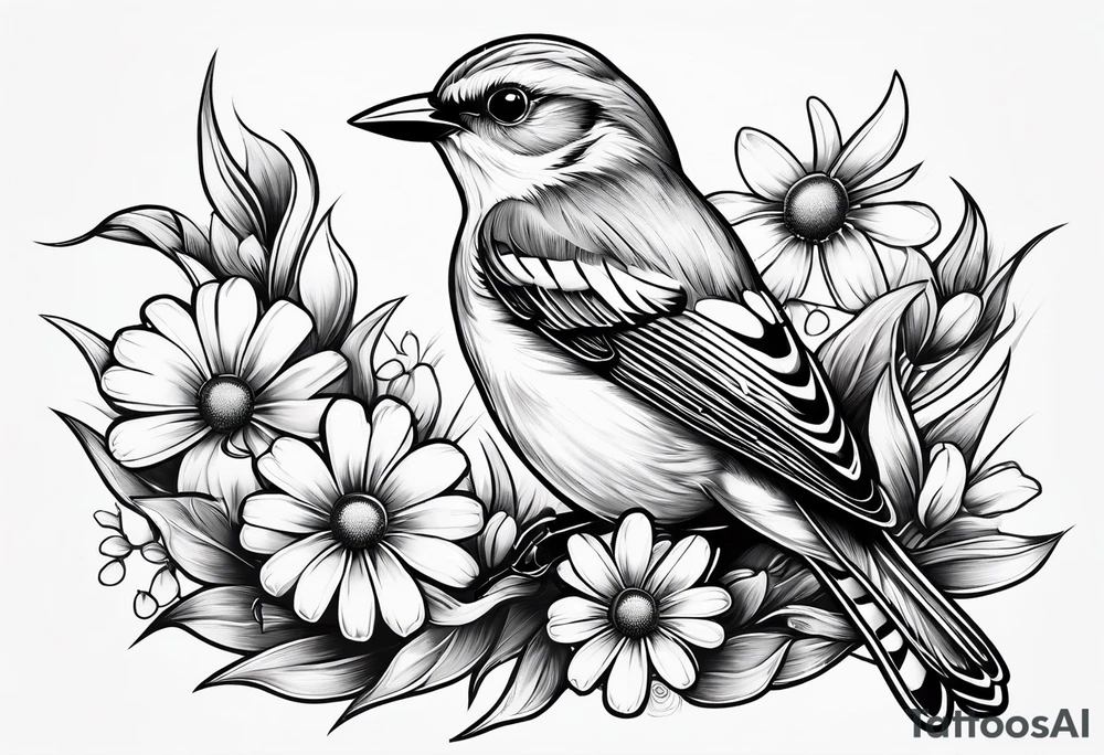 Little bird out perched on a field of grass and daisys tattoo idea