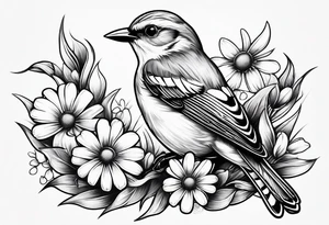 Little bird out perched on a field of grass and daisys tattoo idea