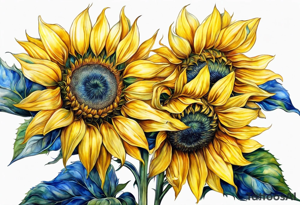 a yellow sunflower bloom with blue highlights tattoo idea