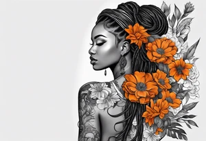 Arm ssleeve with orange flowers and black woman with locs tattoo idea