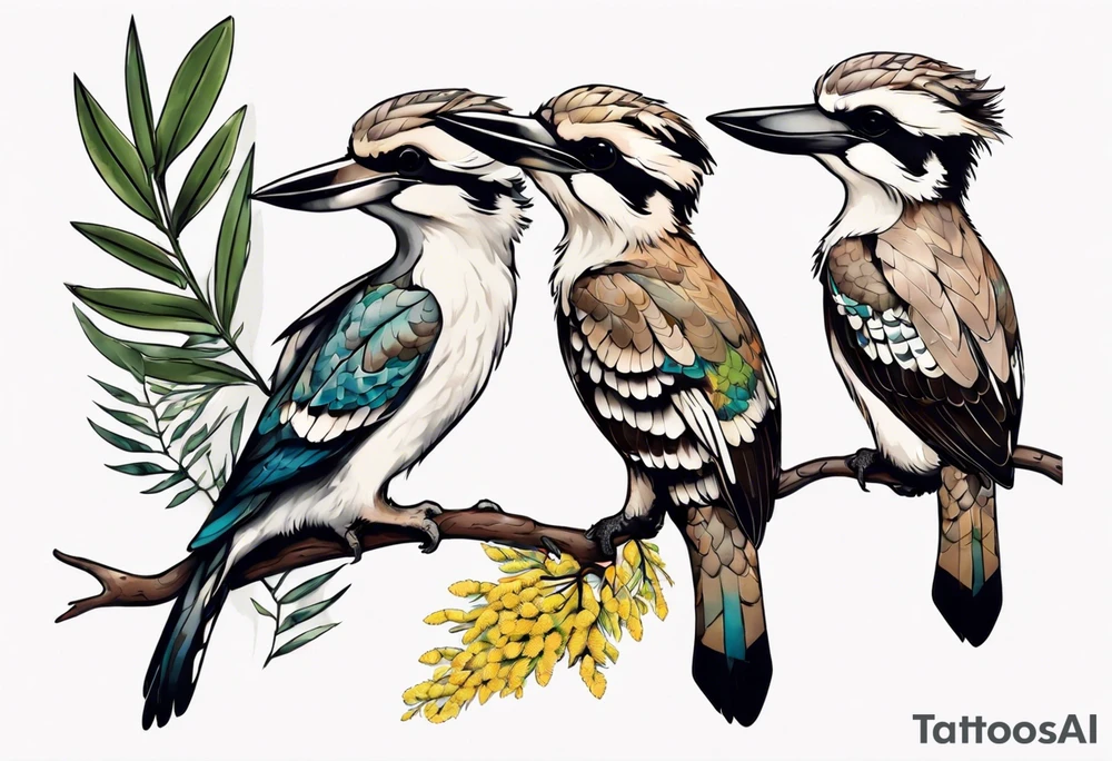Small kookaburra holding wattle leaves tattoo idea