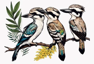 Small kookaburra holding wattle leaves tattoo idea