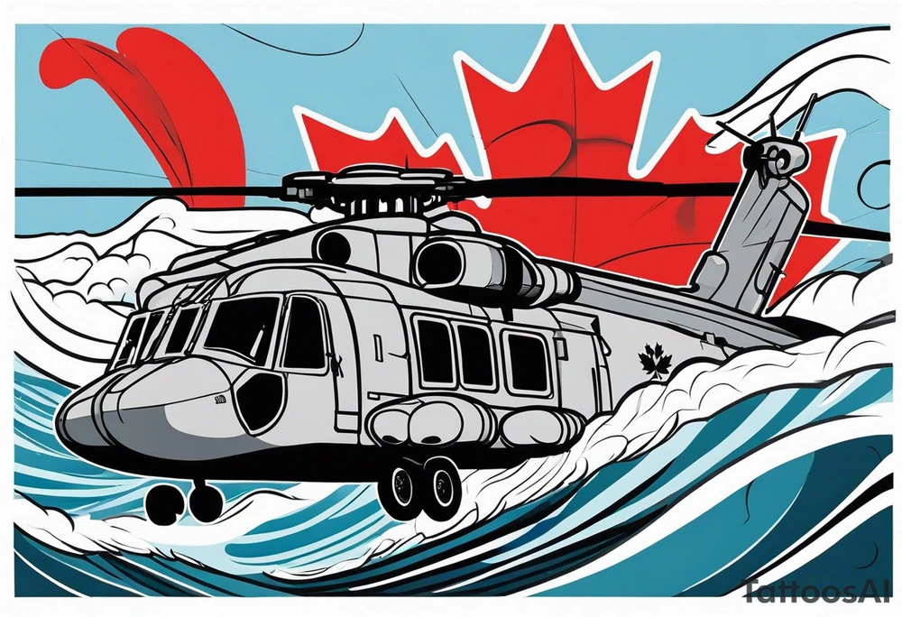 Canadian military grey CH-148 Cyclone helicopter soaring low over rough, ocean waves. A poppy flower be prominently displayed tattoo idea