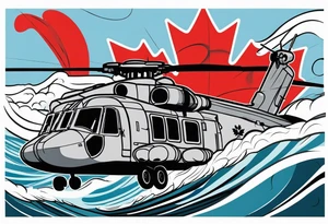 Canadian military grey CH-148 Cyclone helicopter soaring low over rough, ocean waves. A poppy flower be prominently displayed tattoo idea