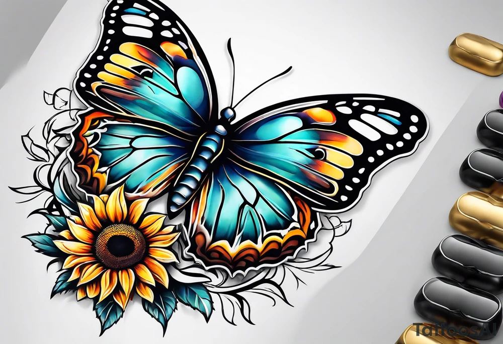 Half butterfly half sunflower tattoo idea