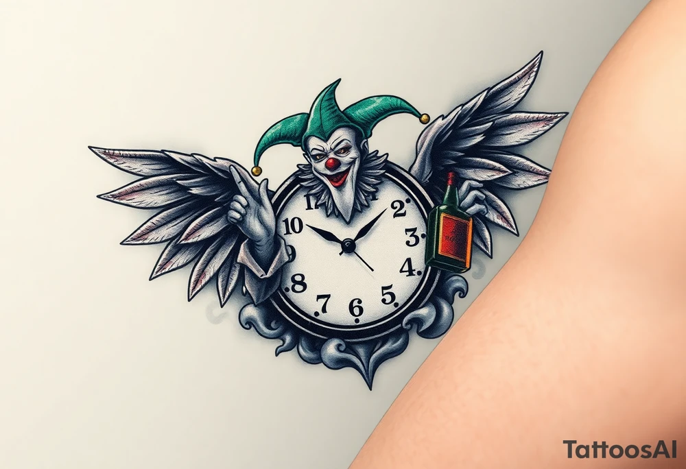 a jester clown floating in smoke with a  clock, the time says 420,  with two open wings besides the clock, smoke as the spring rising from the clock, a jester clown coming out the smoke, smoking in one hand with a liquor bottle on the other hand tattoo idea