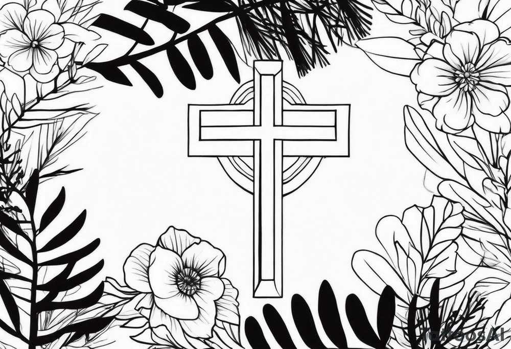 Simple cross tattoo with pine trees and flowers tattoo idea