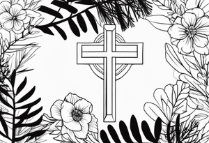 Simple cross tattoo with pine trees and flowers tattoo idea