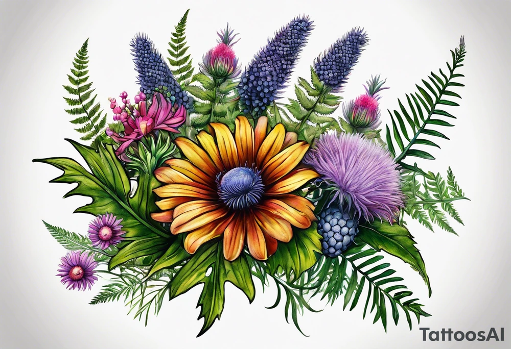 spread out mixed wildflower bouquet with ferns, thistle and with color tattoo idea