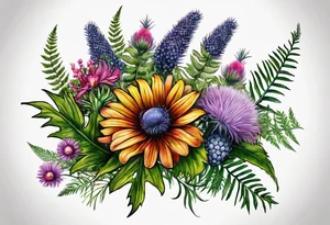 spread out mixed wildflower bouquet with ferns, thistle and with color tattoo idea