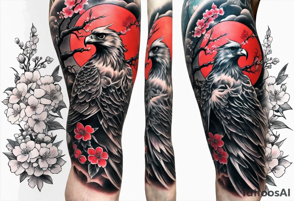 traditional style
full leg sleeve with one hawk and cherry blossoms tattoo idea