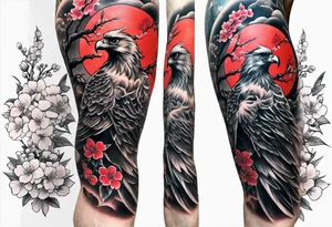 traditional style
full leg sleeve with one hawk and cherry blossoms tattoo idea
