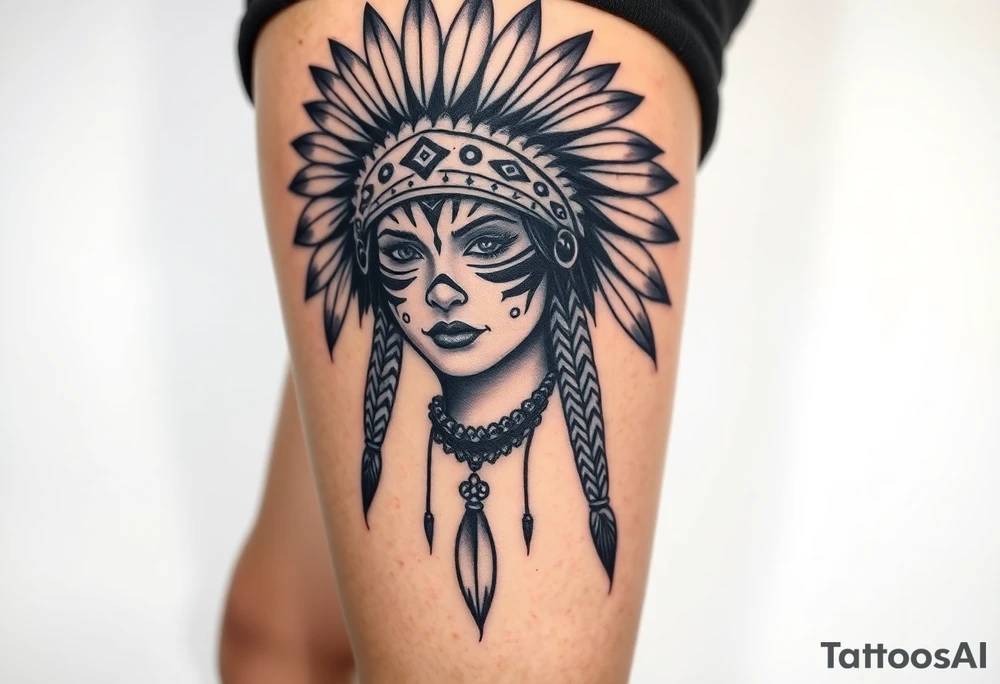 Beautiful, majestic, and noble young native American indian woman with a big bold head dress on and war paint on her face with some kind of background with tribal tattoo idea