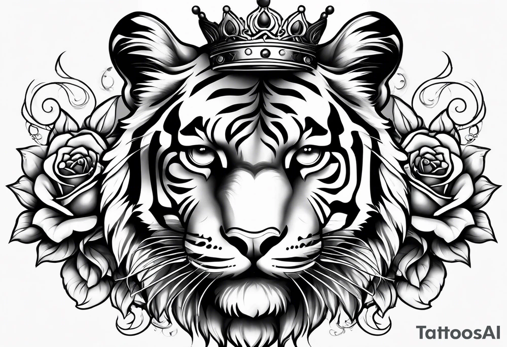 Tiger with 3 eyes and crown roses tattoo idea