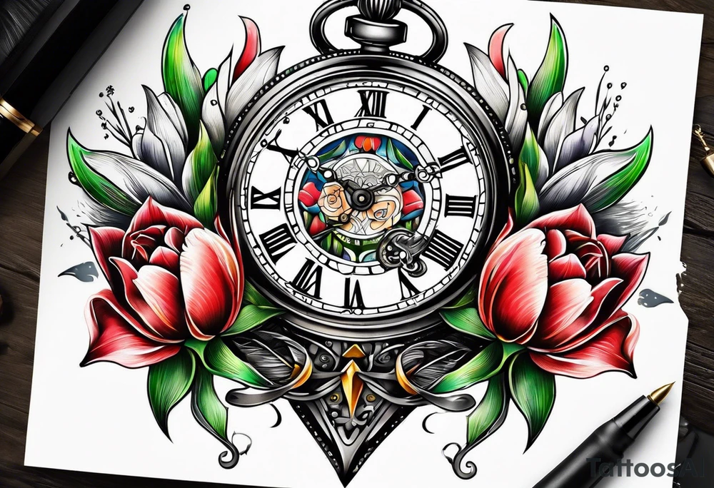 Pocket watch tulip arrow eyes tattoo idea