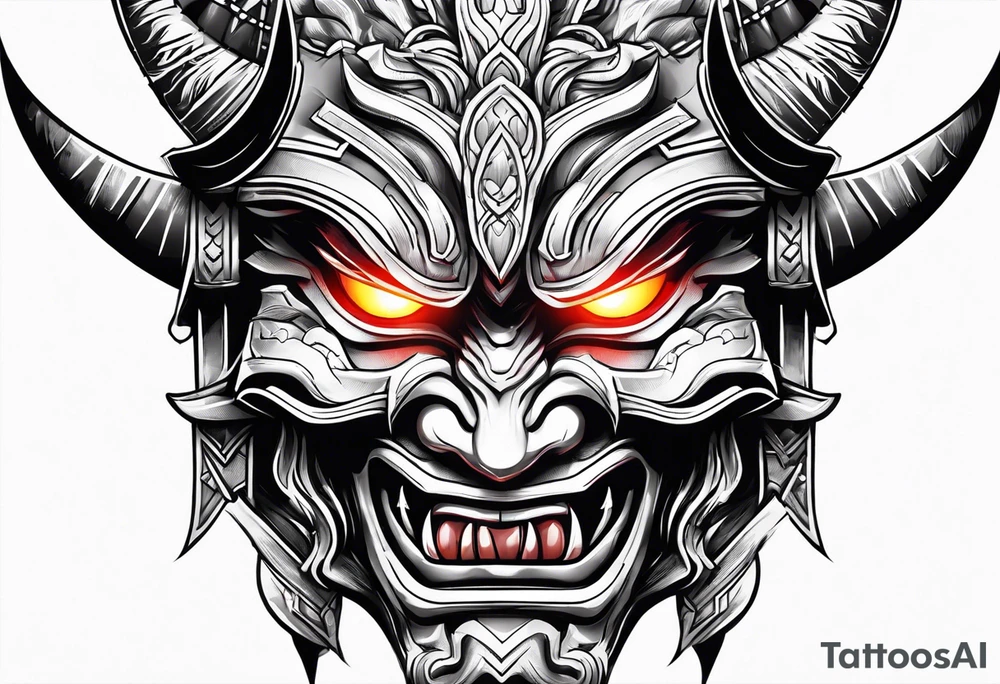 Oni mask with glowing eyes with holding two swords tattoo idea