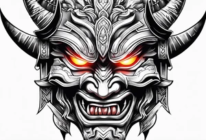 Oni mask with glowing eyes with holding two swords tattoo idea