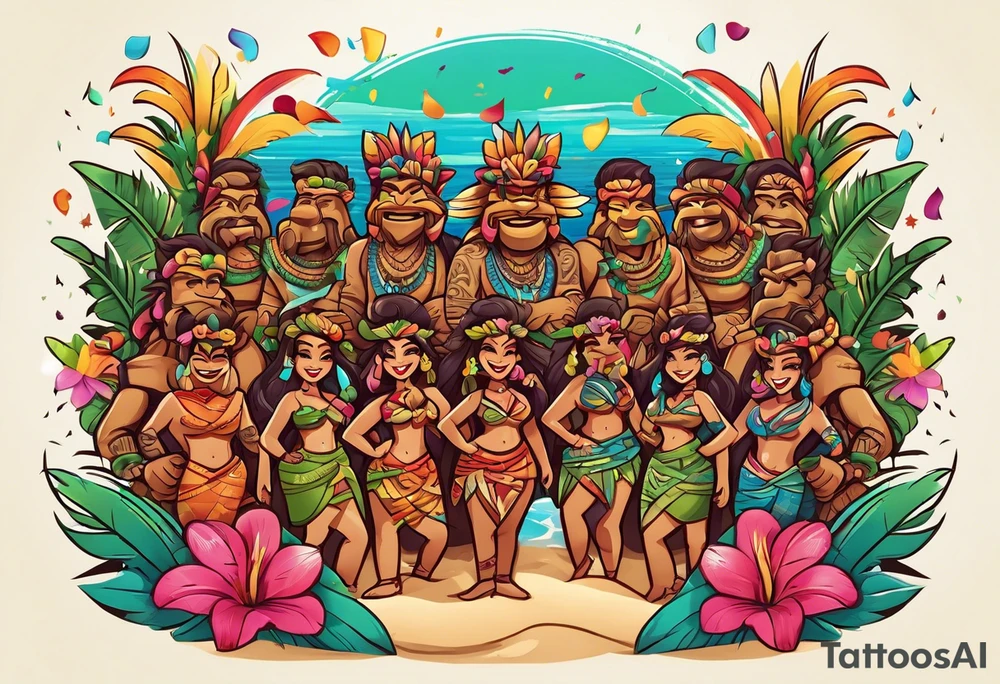 hulu tiki party with dancing tiki guys and sexy tiki girls on a beach with music notes and confetti around a blank space in the middle tattoo idea
