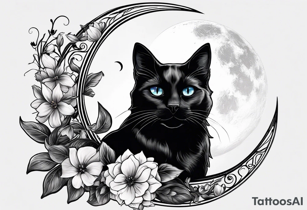 Photo realistic black cat with moon and flowers tattoo idea
