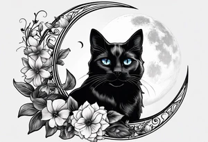 Photo realistic black cat with moon and flowers tattoo idea