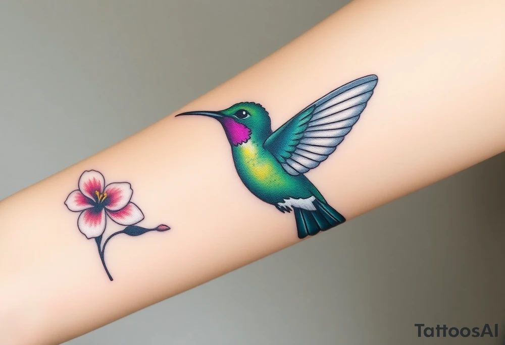 A hummingbird in iridescent green and blue shades, hovering near a blossoming flower, embodying endurance and positivity tattoo idea