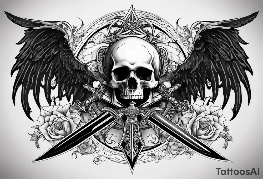 In the center is a skull pierced by a large sword. On either side of the skull, there are spread angel wings, creating an impression of protection and majesty. Beneath the skull is a ribbon that weaves through both the skull and the sword, imparting unity and linking all the elements together. tattoo idea