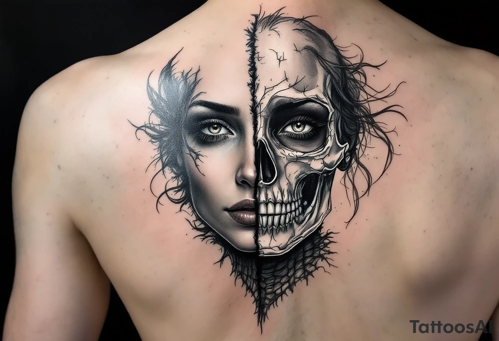 Half-Skeleton, Half-Woman Face – A realistic woman’s face split down the middle, revealing a silver-white skeleton on one side, while the other side remains beautifully human, creating a striking contrast. tattoo idea