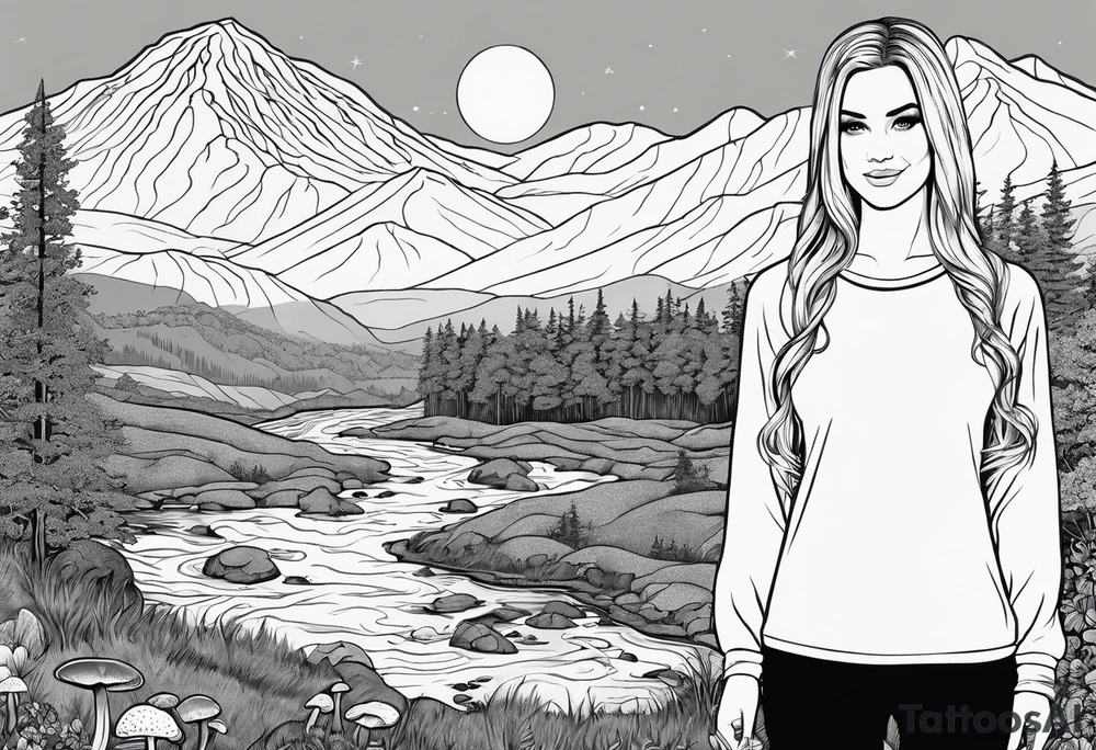 Whole picture encircled fully

Straight long blonde hair hippie girl in distance holding mushrooms in hand facing away toward mountains and creek surrounded by mushrooms long sleeve shirt and hiking pants; whole rendering within a full celtic circle border, no cut off circle tattoo idea