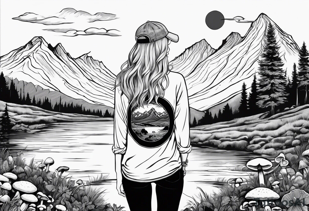 Whole picture encircled fully

Straight long blonde hair hippie girl in distance holding mushrooms in hand facing away toward mountains and creek surrounded by mushrooms long sleeve shirt and hiking pants; whole rendering within a full circle, no cut off circle tattoo idea
